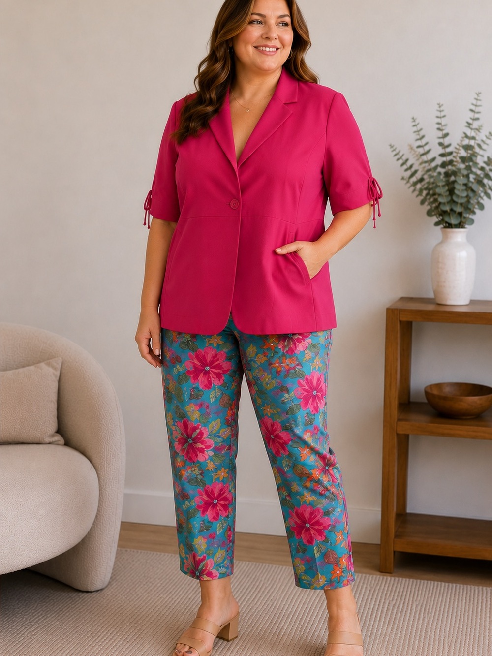 Kasper Bright Pink Short-Sleeve Blazer Two Piece Pantsuit Floral Pants Size 18